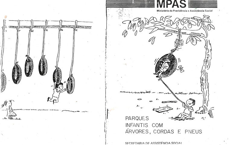 Parques infantis com árvores, cordas e pneus